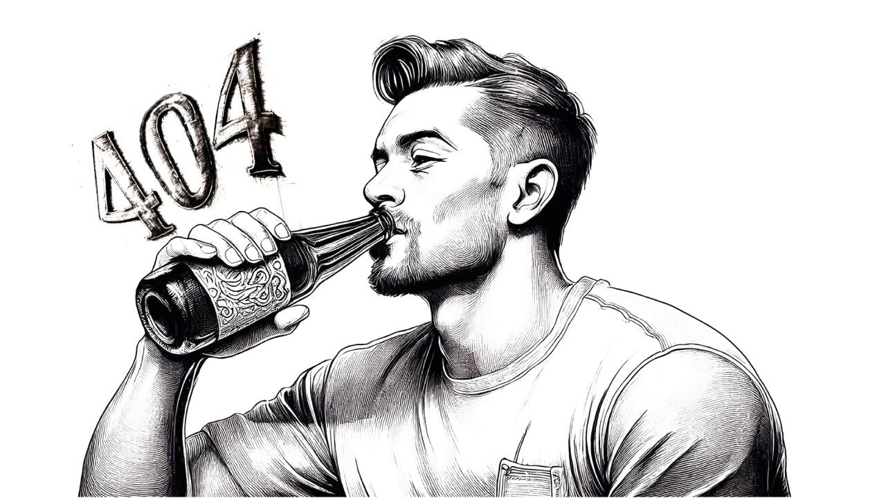 Ein Mann trinkt aus einer stilisierten Flasche, über der Flasche stehen die Zahlen 404.